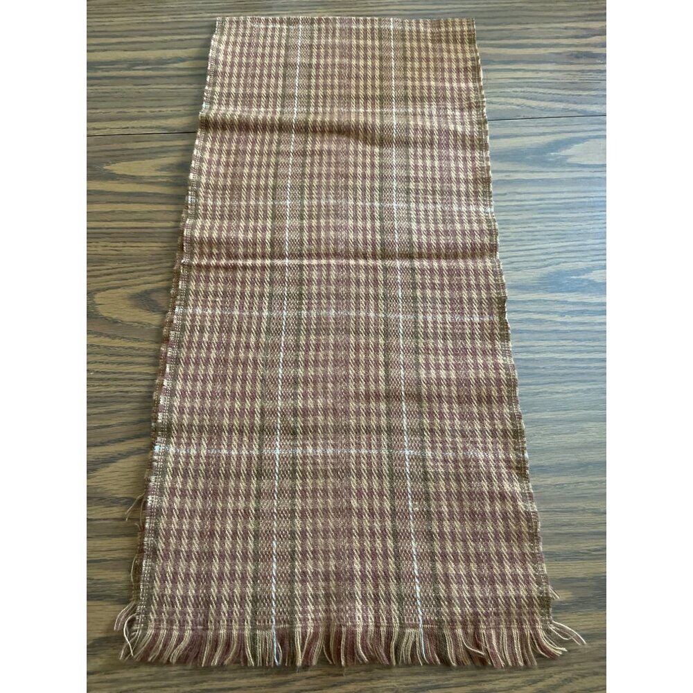 English Village tan brown plaid winter scarf with fringe